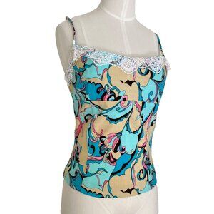 KATIE K Camisole Tank Top Paisley Mod Aqua Turquoise Spaghetti Y2K Deadstock NWT